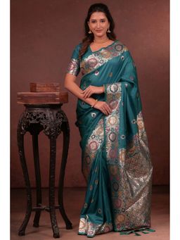 SGF11 - Rama Blue Kanjivaram Pure Soft Silk Saree with Unstitched Blouse Piece