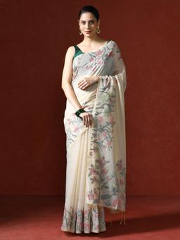 Sarha - Cream Chanderi Cotton with Floral Motifs Saree with Unstitched Blouse