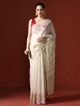 Sarha - Cream Chanderi Cotton with Floral Motifs Saree with Unstitched Blouse