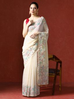 Sarha - Cream Chanderi Cotton with Floral Motifs Saree with Unstitched Blouse