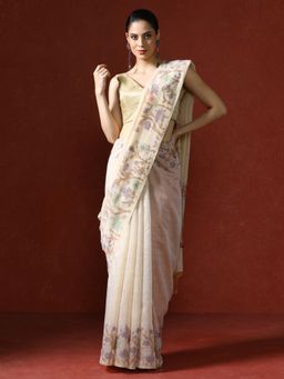Sarha - Cream Chanderi Cotton with Floral Motifs Saree with Unstitched Blouse