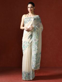 Sarha - Cream Chanderi Cotton with Floral Motifs Saree with Unstitched Blouse