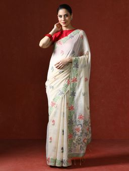Sarha - Cream Chanderi Cotton with Floral Motifs Saree with Unstitched Blouse