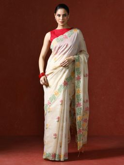 Sarha - Cream Chanderi Cotton with Floral Motifs Saree with Unstitched Blouse