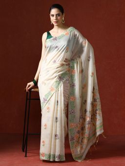 Sarha - Cream Chanderi Cotton with Floral Motifs Saree with Unstitched Blouse
