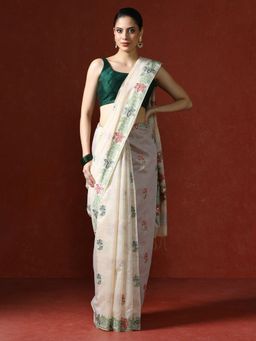 Sarha - Cream Chanderi Cotton with Floral Motifs Saree with Unstitched Blouse