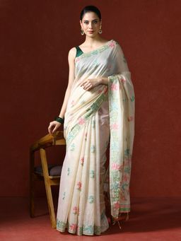 Sarha - Cream Chanderi Cotton with Floral Motifs Saree with Unstitched Blouse