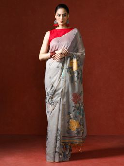 Sarha - Grey Chanderi Cotton with Floral Motifs Saree with Unstitched Blouse