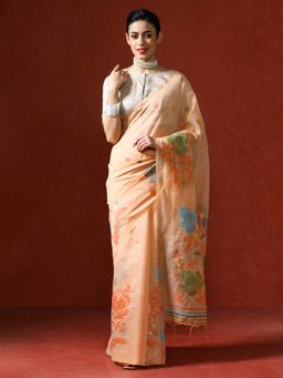 Sarha - Beige Chanderi Cotton with Floral Motifs Saree with Unstitched Blouse