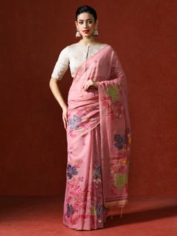 Sarha - Pink Chanderi Cotton with Floral Motifs Saree with Unstitched Blouse