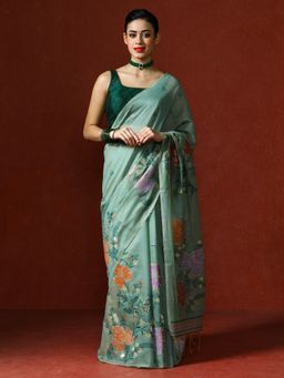 Sarha - Green Chanderi Cotton with Floral Motifs Saree with Unstitched Blouse