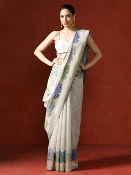 Sarha - Cream Chanderi Cotton with Floral Motifs Saree with Unstitched Blouse