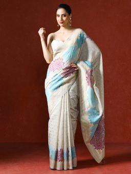 Sarha - Cream Chanderi Cotton with Floral Motifs Saree with Unstitched Blouse