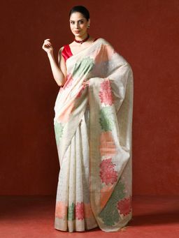 Sarha - Cream Chanderi Cotton with Floral Motifs Saree with Unstitched Blouse