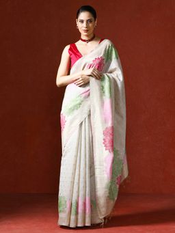 Sarha - Cream Chanderi Cotton with Floral Motifs Saree with Unstitched Blouse