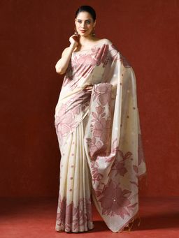 Sarha - Cream Chanderi Cotton with Floral Motifs Saree with Unstitched Blouse