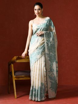 Sarha - Cream Chanderi Cotton with Floral Motifs Saree with Unstitched Blouse