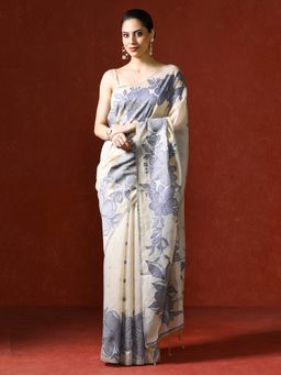 Sarha - Cream Chanderi Cotton with Floral Motifs Saree with Unstitched Blouse