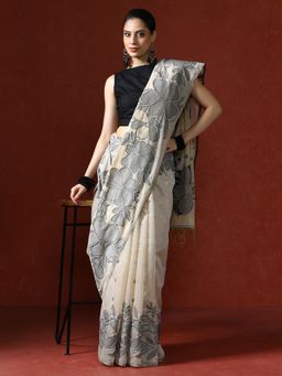 Sarha - Cream Chanderi Cotton with Floral Motifs Saree with Unstitched Blouse
