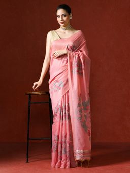 Sarha - Pink Chanderi Cotton with Floral Motifs Saree with Unstitched Blouse