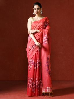 Sarha - Red Chanderi Cotton with Floral Motifs Saree with Unstitched Blouse