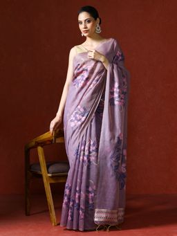 Sarha - Purple Chanderi Cotton with Floral Motifs Saree with Unstitched Blouse