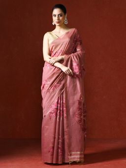 Sarha - Pink Chanderi Cotton with Floral Motifs Saree with Unstitched Blouse
