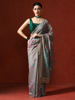 Sarha - Grey Chanderi Cotton with Floral Motifs Saree with Unstitched Blouse