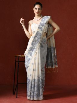 Sarha - Cream Chanderi Cotton with Floral Motifs Saree with Unstitched Blouse