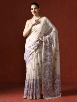 Sarha - Cream Chanderi Cotton with Floral Motifs Saree with Unstitched Blouse