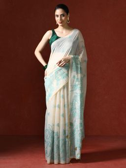 Sarha - Cream Chanderi Cotton with Floral Motifs Saree with Unstitched Blouse