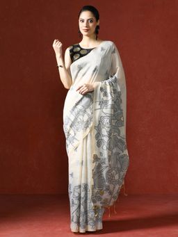 Sarha - Cream Chanderi Cotton with Floral Motifs Saree with Unstitched Blouse