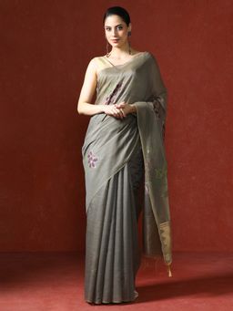 Sarha - Grey Chanderi Cotton with Floral Motifs Saree with Unstitched Blouse