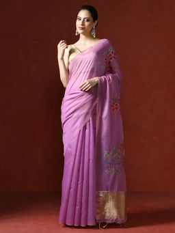 Sarha - Purple Chanderi Cotton with Floral Motifs Saree with Unstitched Blouse