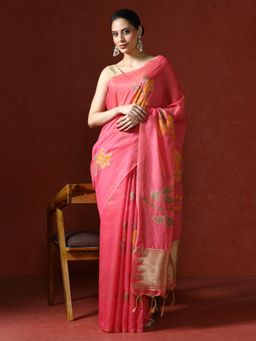Sarha - Pink Chanderi Cotton with Floral Motifs Saree with Unstitched Blouse