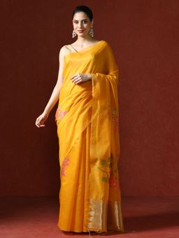Sarha - Yellow Chanderi Cotton with Floral Motifs Saree with Unstitched Blouse