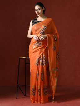 Sarha - Orange Chanderi Cotton with Floral Motifs Saree with Unstitched Blouse