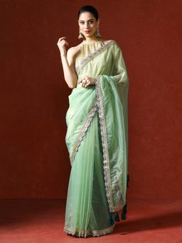 Sarha - Green Embellished Satin Silk Sequinned with Tassel Saree with Unstitched Blouse