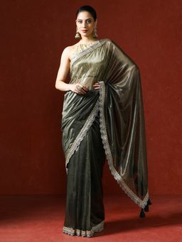 Sarha - Green Embellished Satin Silk Sequinned Saree with Unstitched Blouse