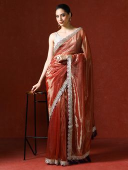 Sarha - Orange Embellished Satin Silk Sequinned Saree with Unstitched Blouse