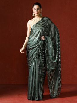 Sarha - Green Embellished Satin Chiffon Sequinned Saree with Unstitched Blouse