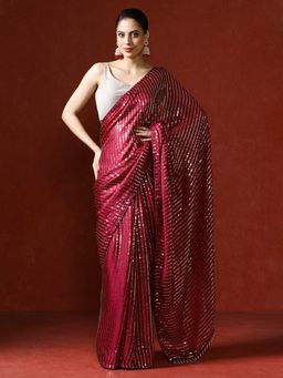 Sarha - Red Embellished Satin Chiffon Sequinned Saree with Unstitched Blouse