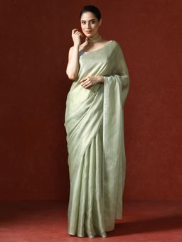 Sarha - Green Solid Color Moss Chiffon Saree with Unstitched Blouse