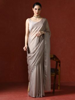 Sarha - Brown Solid Color Moss Chiffon Saree with Unstitched Blouse