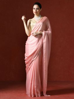 Sarha - Pink Solid Color Moss Chiffon Saree with Unstitched Blouse