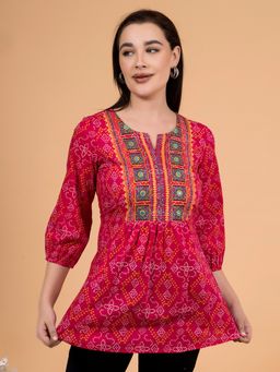 Saffron Threads - Pink Indie Bandhani Print Tunic with Embroidered Yoke