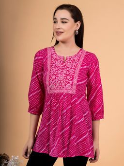 Saffron Threads - Crimson Pink Leheriya Print Tunic with Embroidered Yoke
