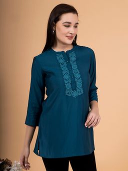 Saffron Threads - Tiber Teal Solid Tunic with Embroidered Placket