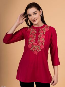 Saffron Threads - Cardinal Red Botanic Embroidered Yoke Tunic