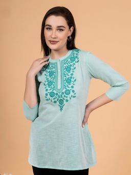 Saffron Threads - Sea Green Solid Tunic with Embroidered Yoke